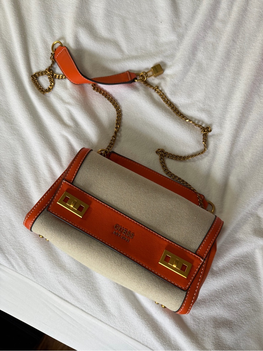 GUESS Beige Canvas Crossbody with Orange Trim